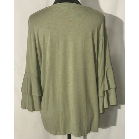 FRYE Olive Green Knit Top, Ruffled Sleeve, Large - Picture 4 of 7